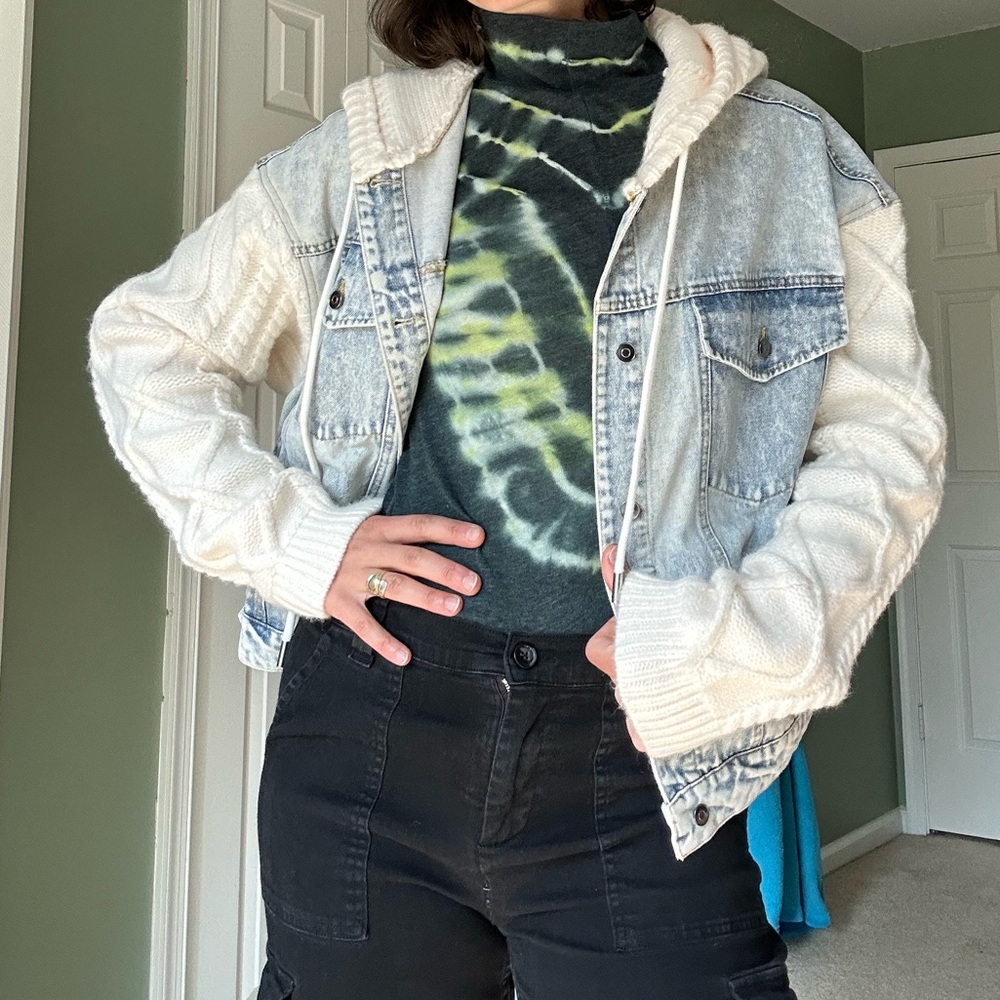 Denim jacket with cotton sleeves and hood